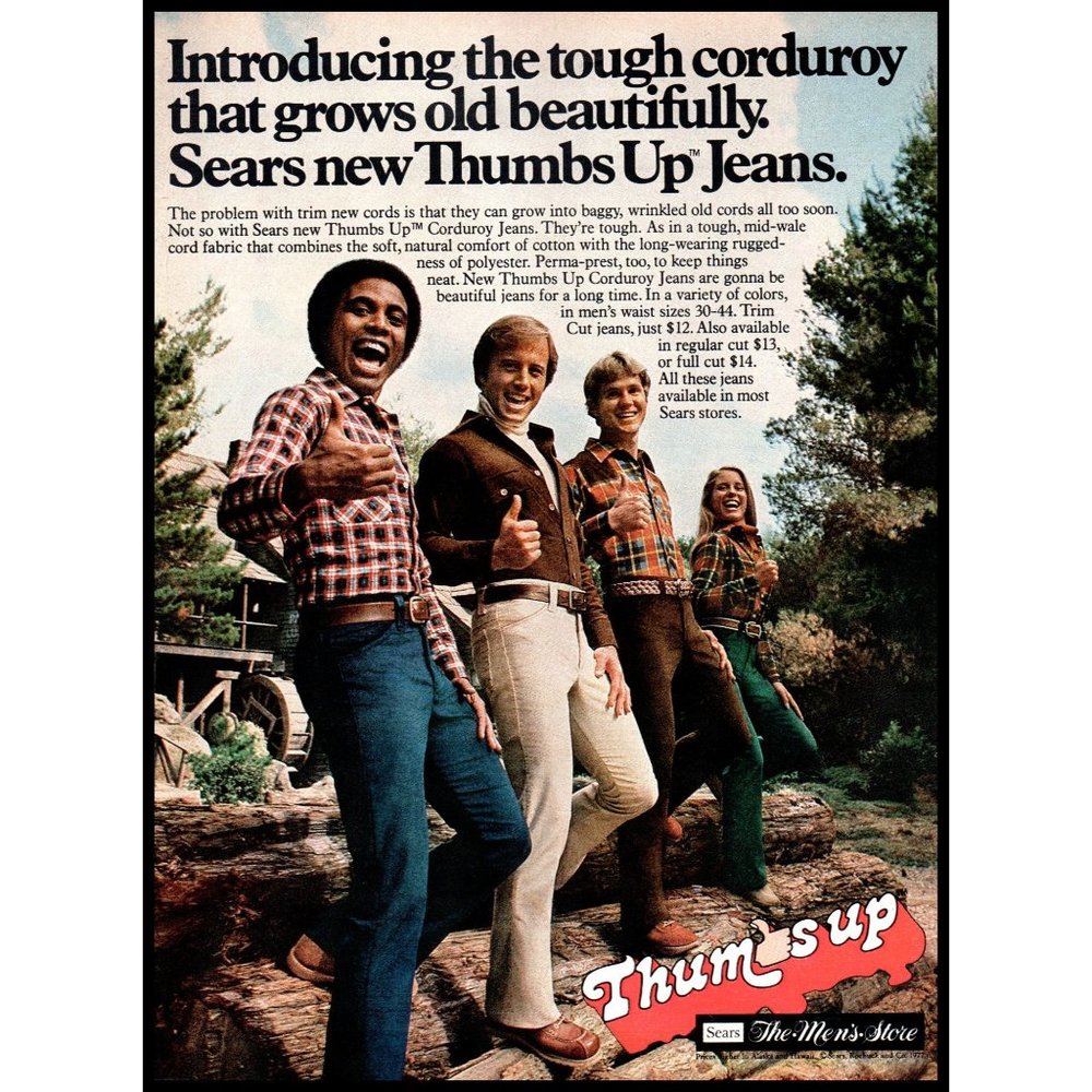 1977 Sears Mens Store Vintage Print Ad Thumbs Up Jeans 70s Fashion Wall Art